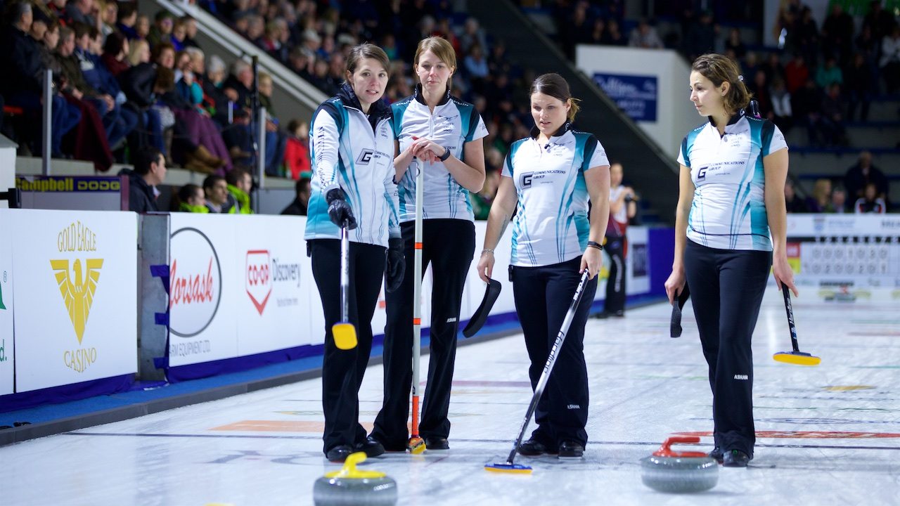 Team Scheidegger confer during the Meridian Canadian Open in North Battleford, SK on January 7, 2017,  Anil Mungal
