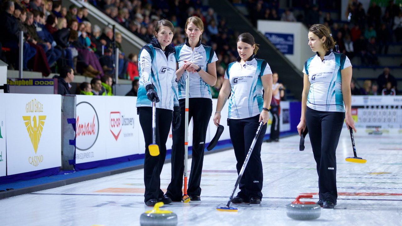 Team Scheidegger confer during the Meridian Canadian Open in North Battleford, SK on January 7, 2017, Anil Mungal