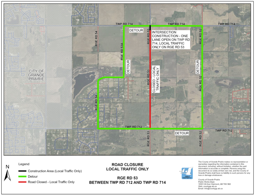 Road closures in place along Range Road 53 at Township Road 714 in