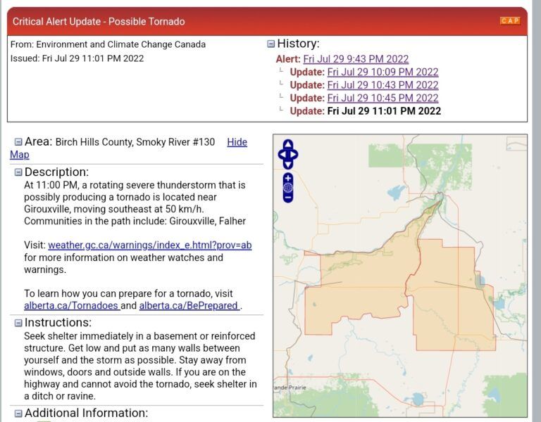 UPDATE: Possible tornado alert for parts of northwest Alberta ended