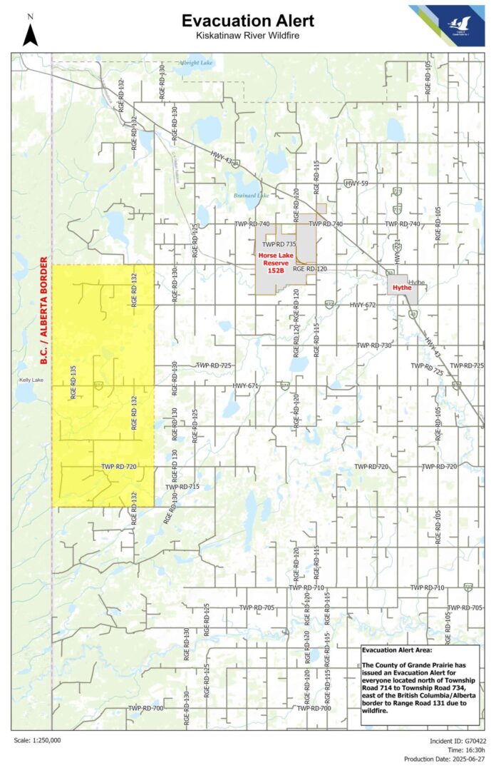 A section of the county is under evacuation order due to a wildfire at the border. (Supplied, County of Grande Prairie)