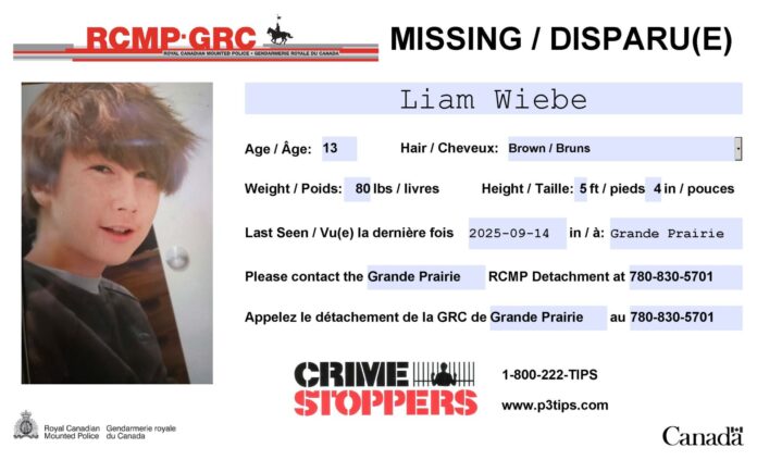 Missing poster for 13-year-old Liam Wiebe. (Supplied, Grande Prairie RCMP)